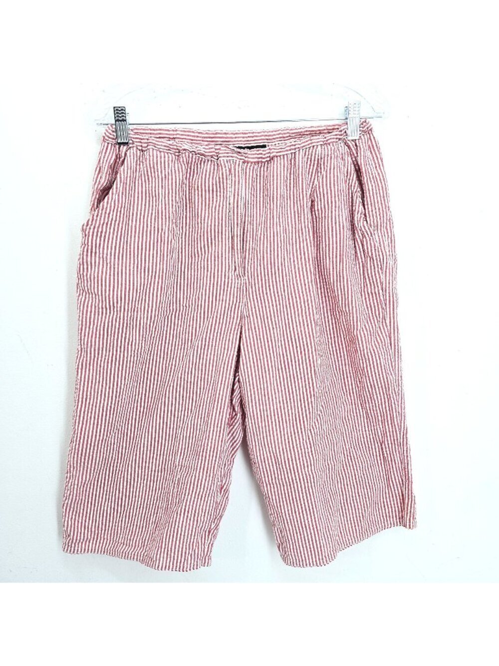 VTG Sag Harbor Red White Pinstripe Seersucker Baggy Bermuda Shorts Women M/L